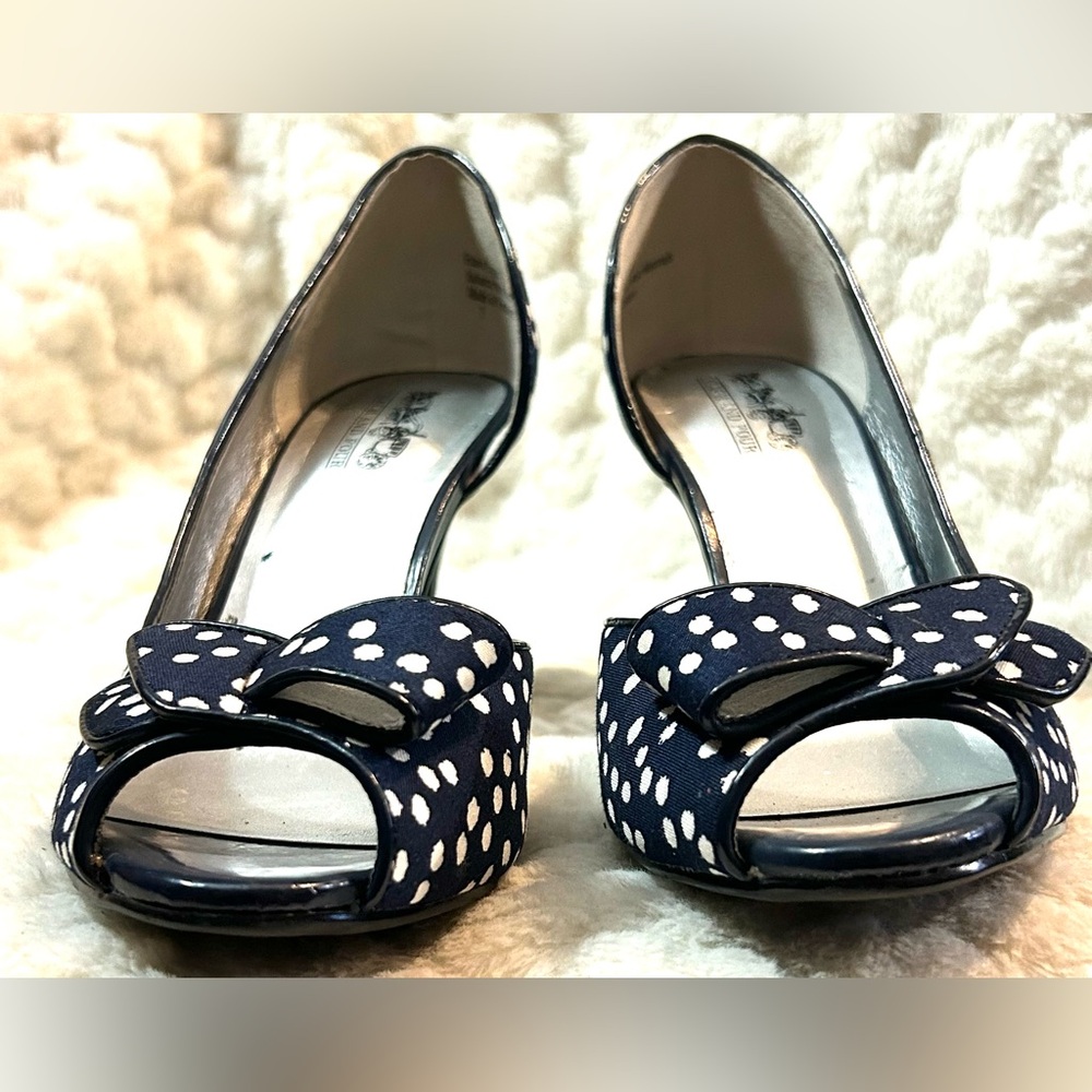 Coach and Four Navy white Polka dot peep toe bow heels women’s size 7 - Picture 6 of 12